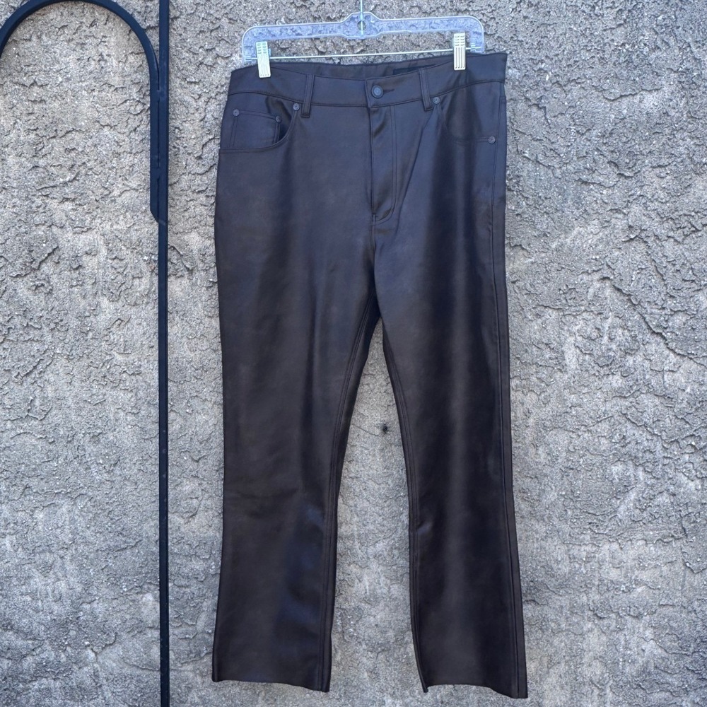 Zara Faux Leather Pants Women 10 Brown Straight Leg 5-Pocket High Rise Edgy